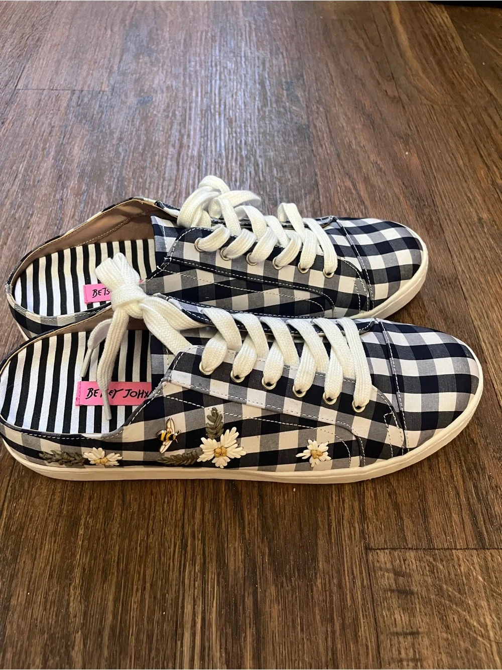Betsey Johnson Navy & White Gingham Lace-Up Sneakers with Daisy Embroidery 11